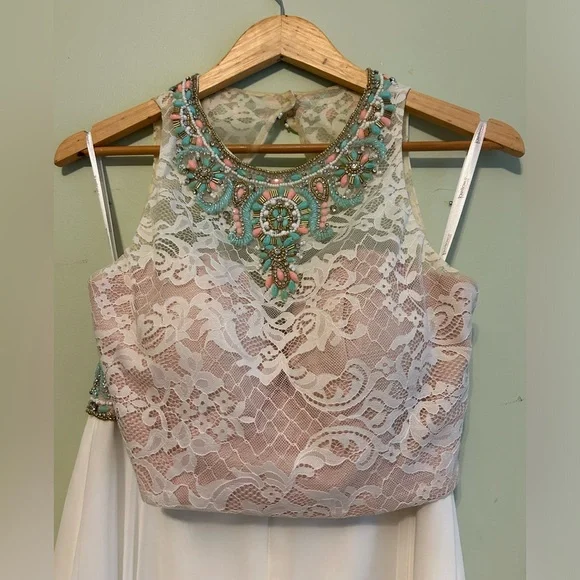 TONY BOWLS TB11670 IVORY | size 4 | two piece beaded lace white prom dress - Picture 6 of 15